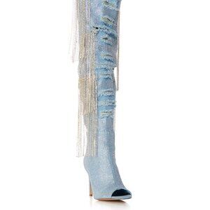 AZALEA WANG " DRAPED DRAMA " RHINESTONE DENIM PEEP TOE BOOT(BRAND NEW !!!!!!!!!